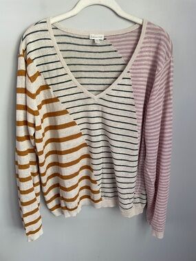 Garnet Hill Linen Striped V-Neck Multicolor Sweater Size XL